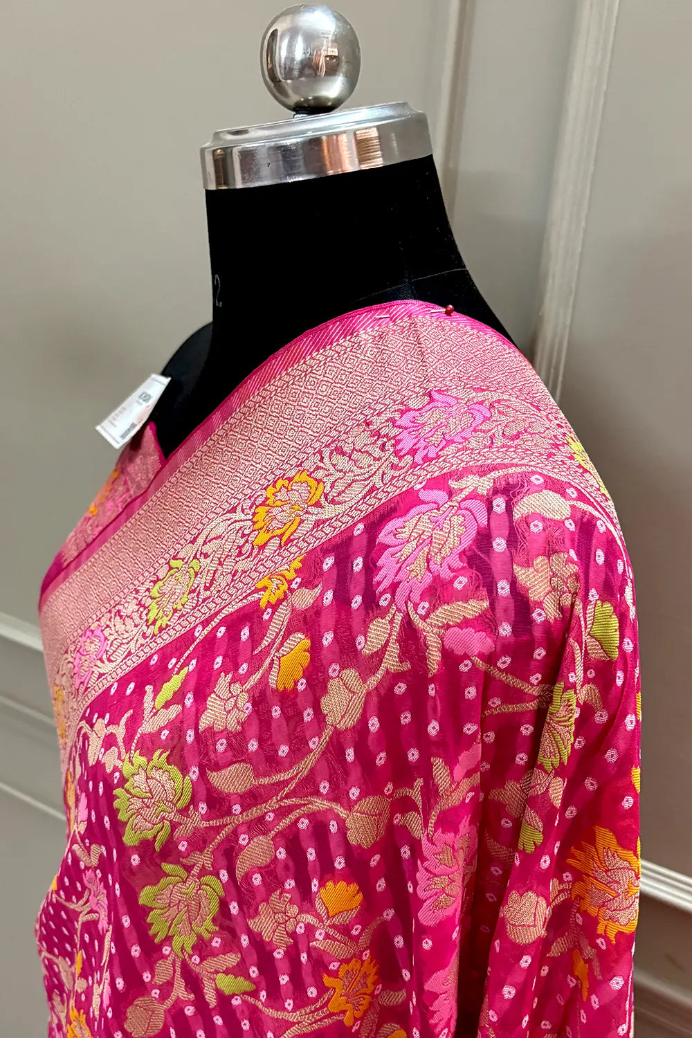 Pink Bandhej Meena Georgette Silk Banarasi Saree