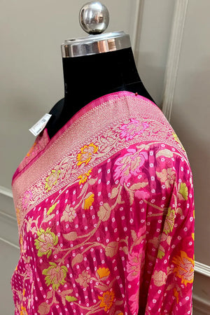 Pink Bandhej Meena Georgette Silk Banarasi Saree