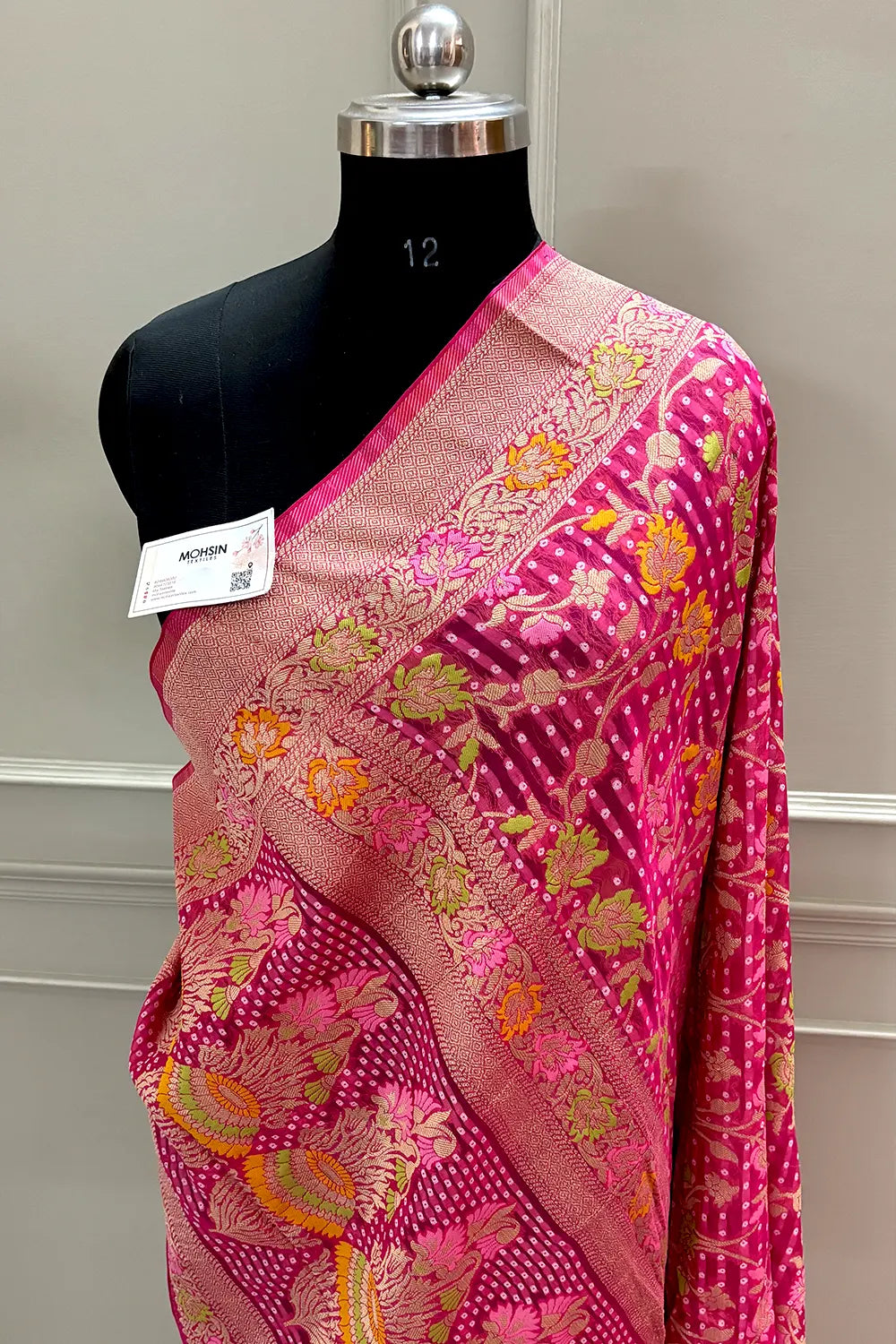 Pink Bandhej Meena Georgette Silk Banarasi Saree