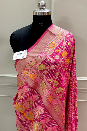 Pink Bandhej Meena Georgette Silk Banarasi Saree