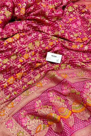 Pink Bandhej Meena Georgette Silk Banarasi Saree