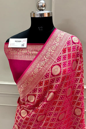 Pink Bandhej Georgette Silk Banarasi Saree