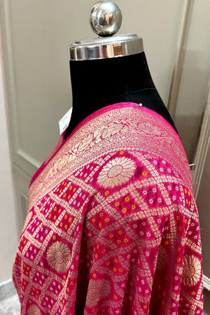 Pink Bandhej Georgette Silk Banarasi Saree