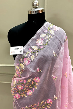 Pink Embroidery Net Banarasi Saree