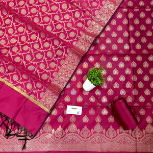 Pink Golden Zari Satin Silk Banarasi Suit