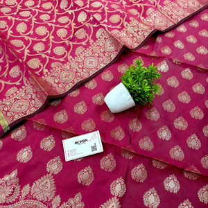 Pink Golden Zari Satin Silk Banarasi Suit
