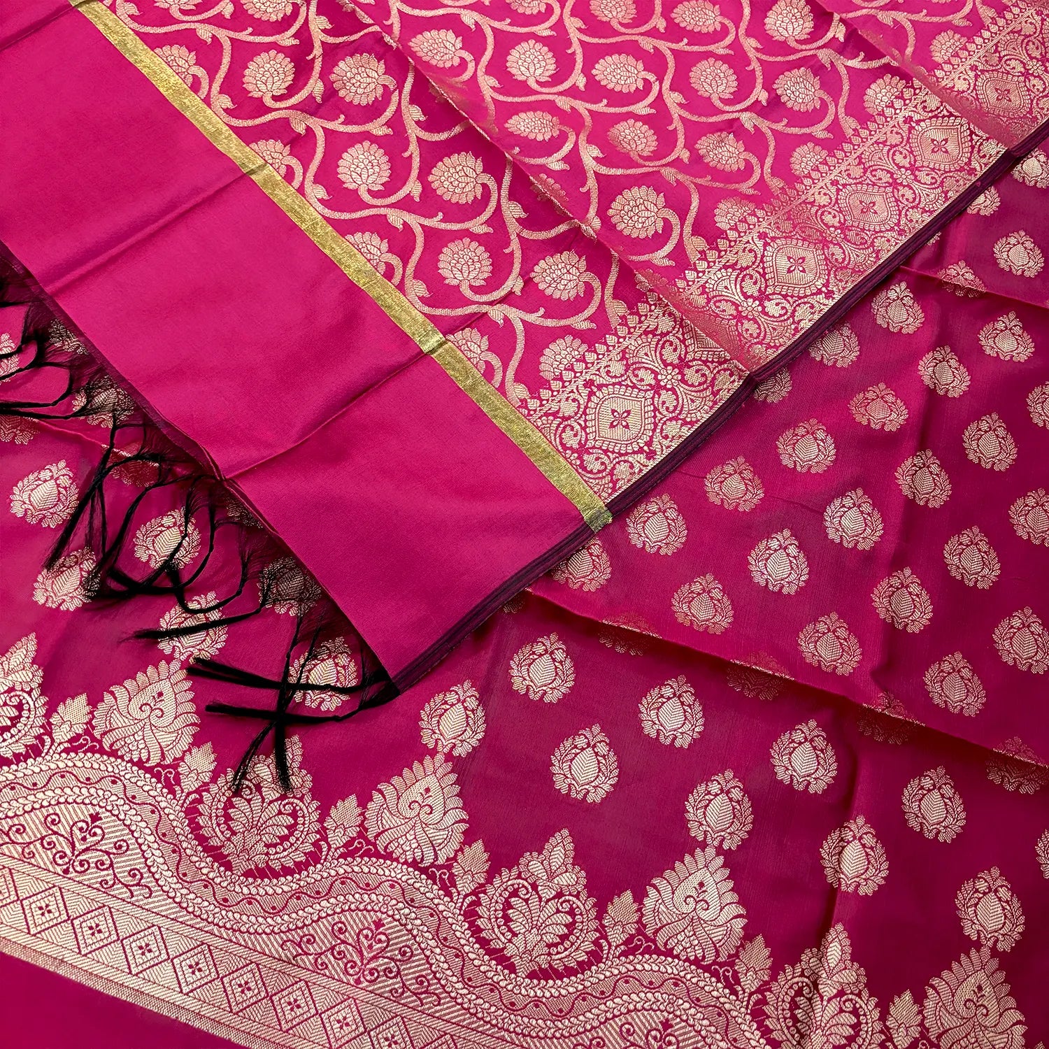 Pink Golden Zari Satin Silk Banarasi Suit