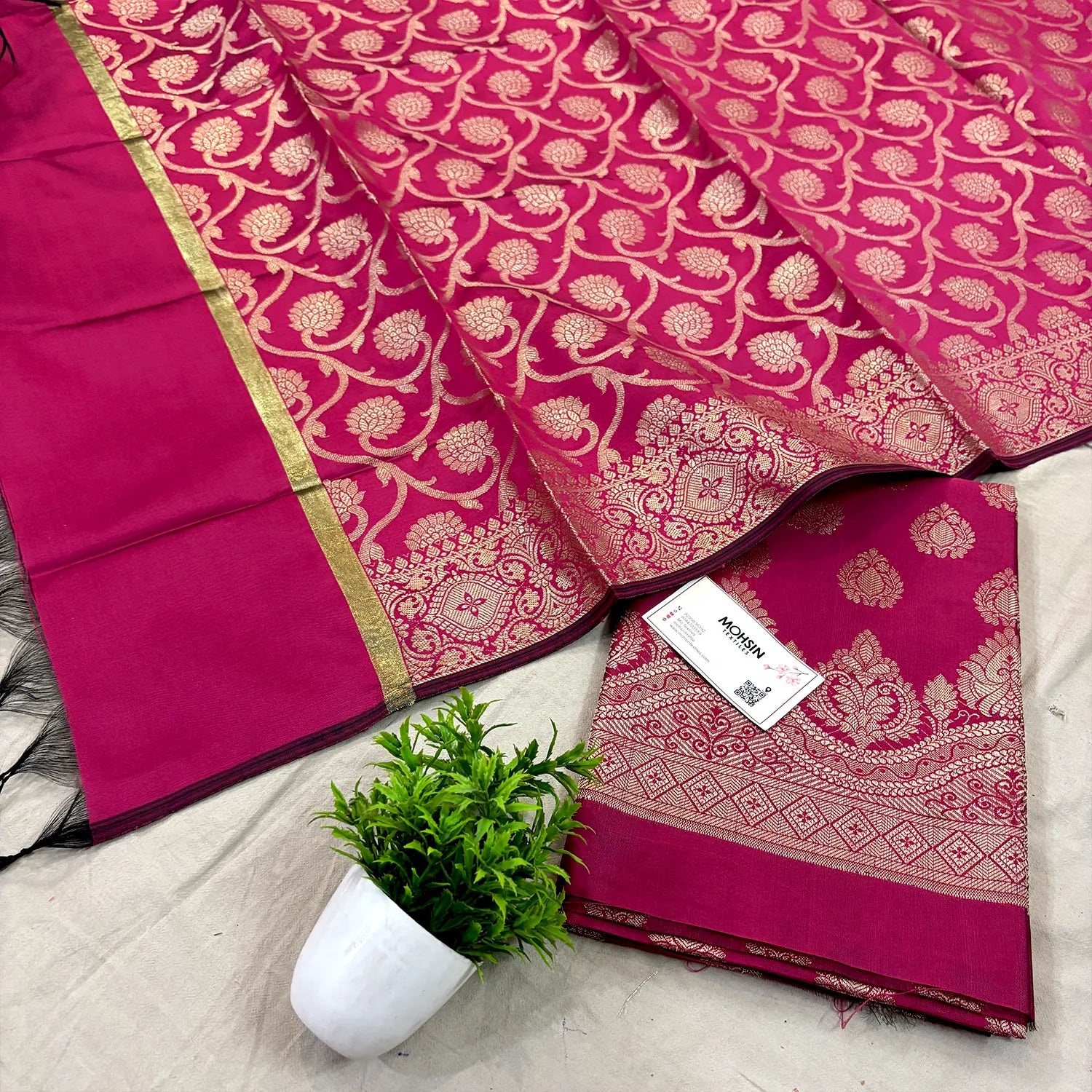 Pink Golden Zari Satin Silk Banarasi Suit