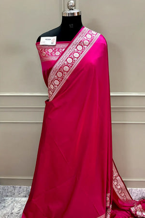 Pink Plain Zari Border Katan Silk Banarasi Saree