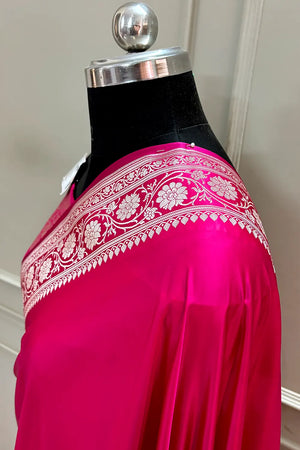 Pink Plain Zari Border Katan Silk Banarasi Saree