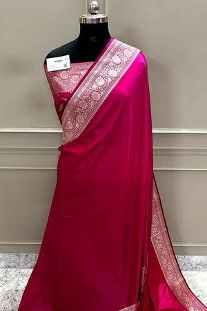 Pink Plain Zari Katan Mashru Silk Banarasi Saree