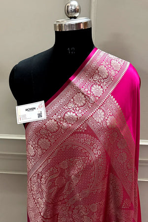 Pink Plain Zari Katan Mashru Silk Banarasi Saree