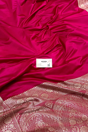 Pink Plain Zari Katan Mashru Silk Banarasi Saree