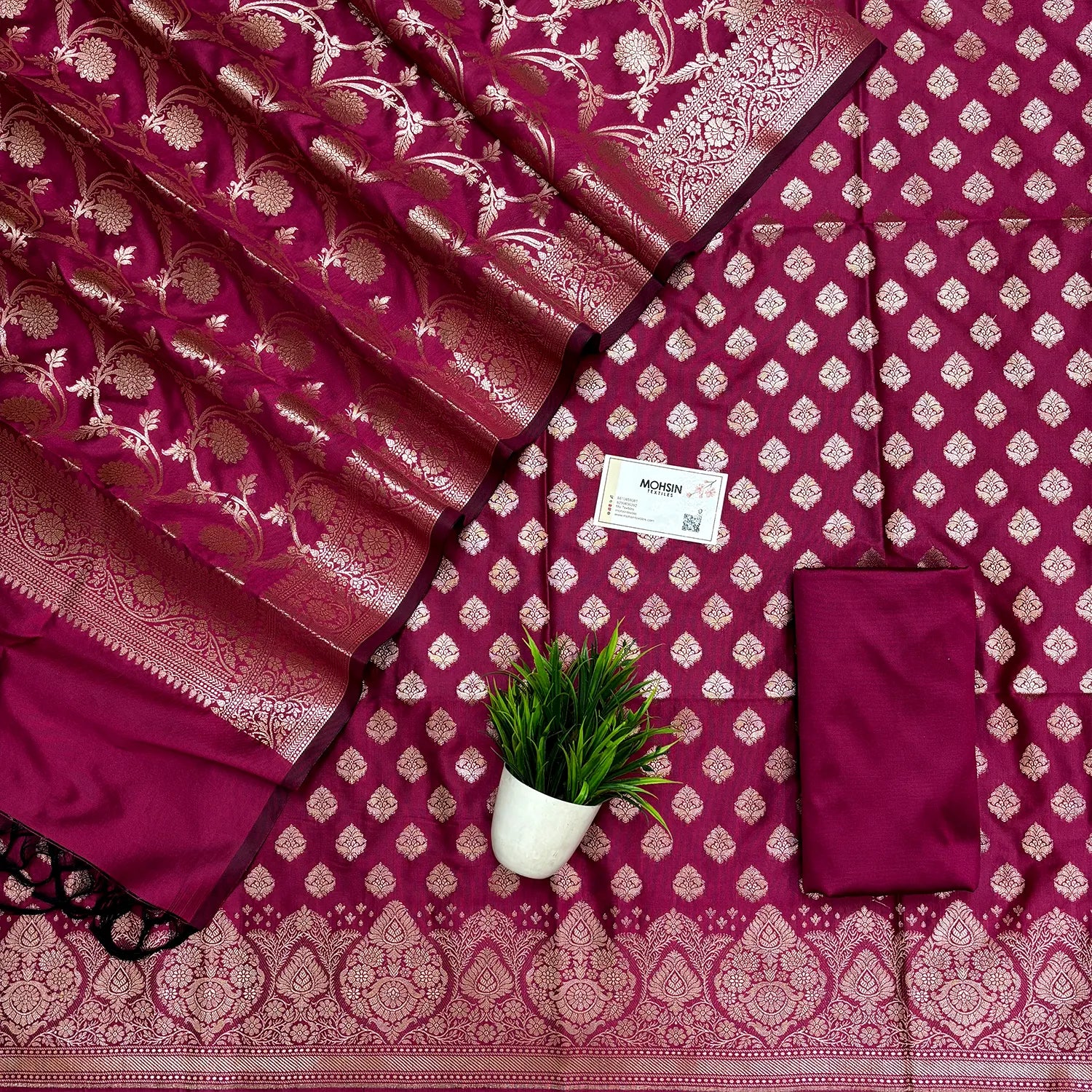 Pink Singhasan Buti Semi Katan Silk Banarasi Suit