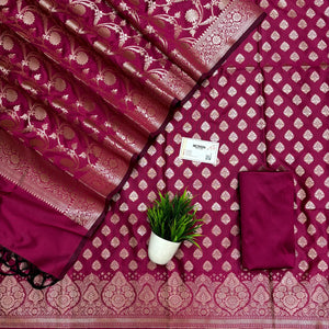 Pink Singhasan Buti Semi Katan Silk Banarasi Suit