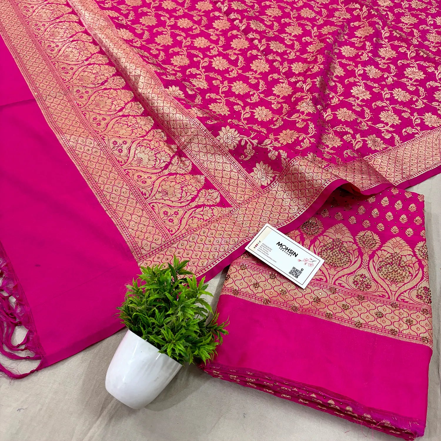 Pink Swarovski Kalli Buti Katan Silk Banarasi Suit