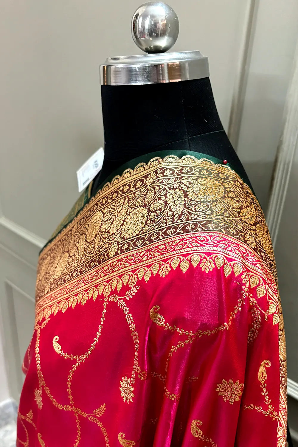 Pinkish Red and Bottle Green Zari Katan Silk Banarasi Saree