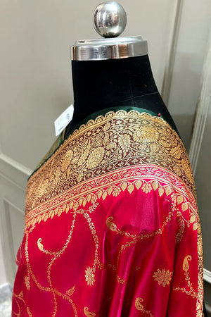 Pinkish Red and Bottle Green Zari Katan Silk Banarasi Saree