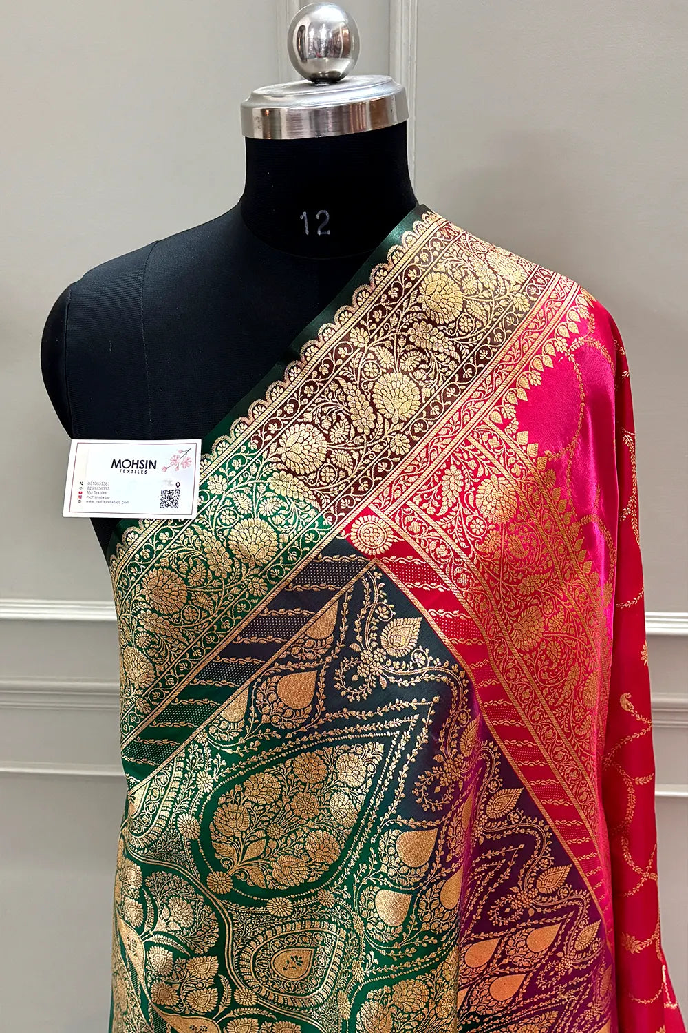 Pinkish Red and Bottle Green Zari Katan Silk Banarasi Saree