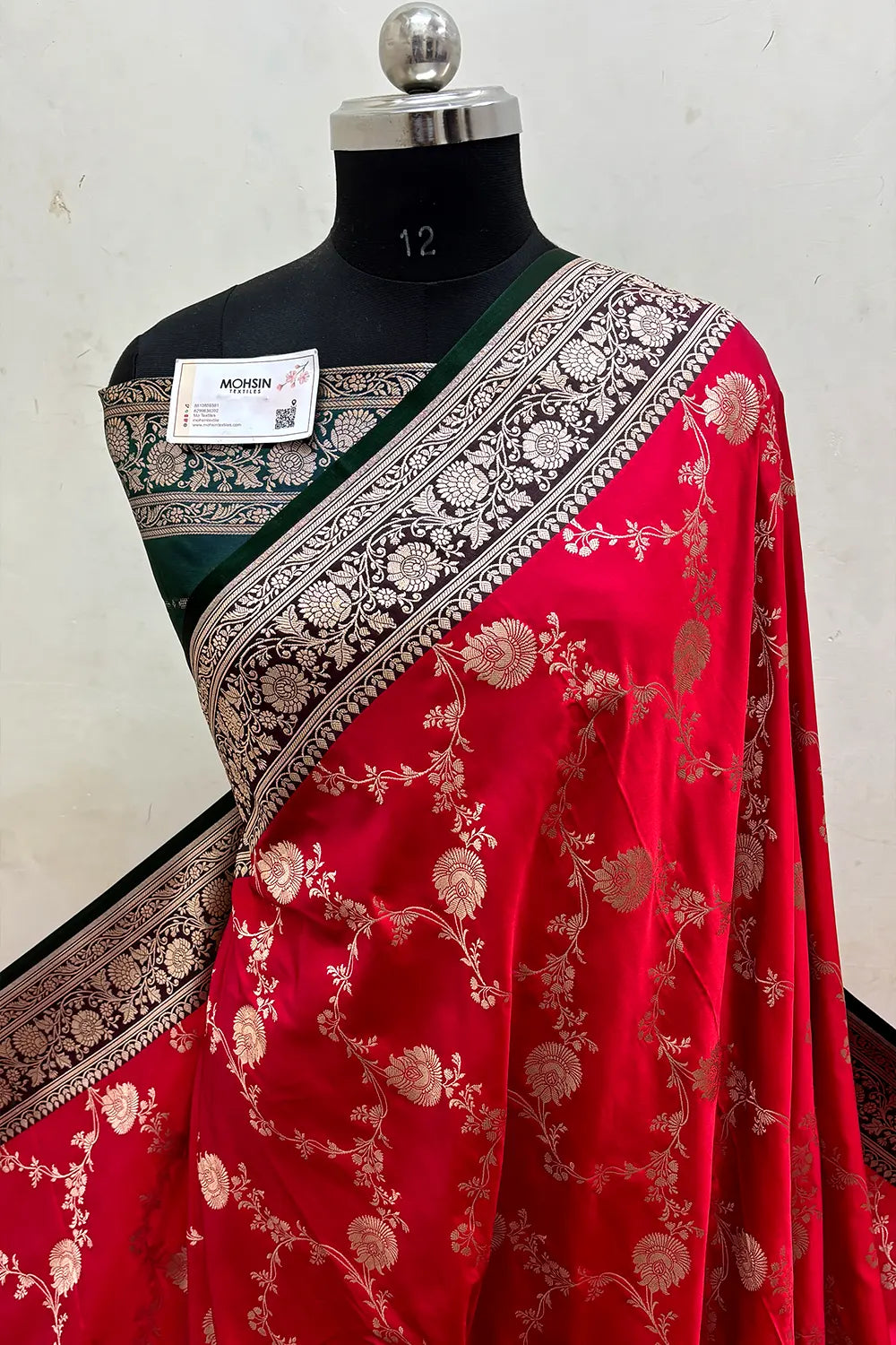 Pinkish Red and Bottle Green Zari Katan Silk Banarasi Saree