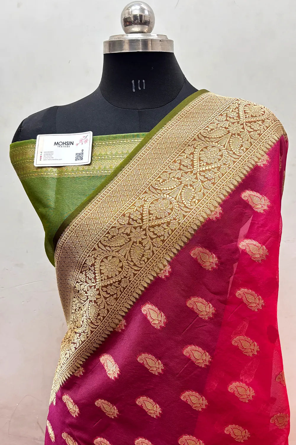 Pinkish Red and Mehendi Organza Silk Banarasi Saree