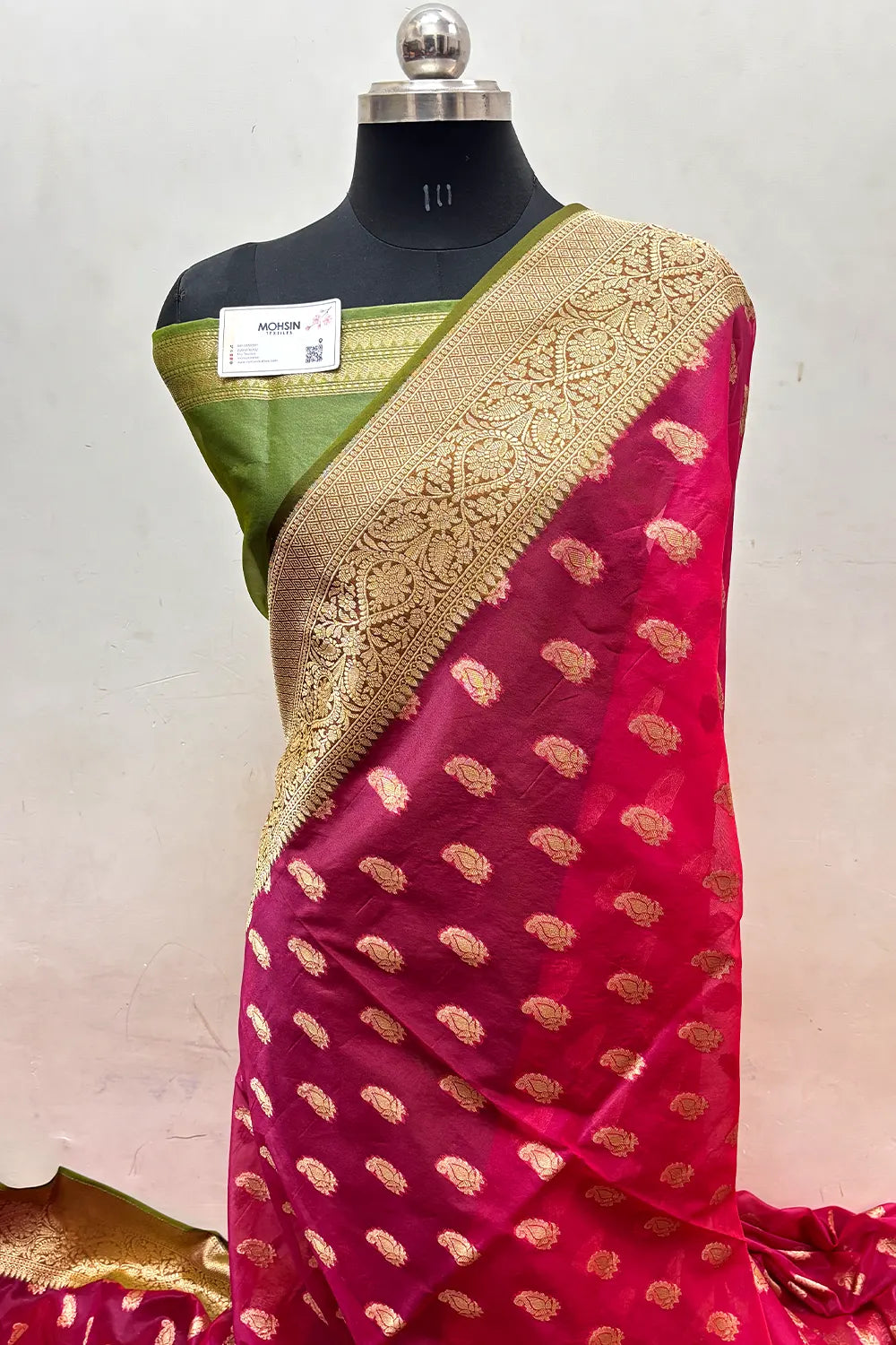 Pinkish Red and Mehendi Organza Silk Banarasi Saree