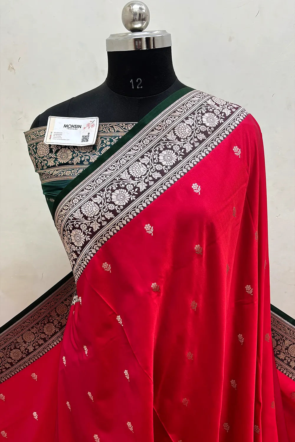 Pinkish Red and Teal Lily Buti Katan Mashru Silk Banarasi Saree