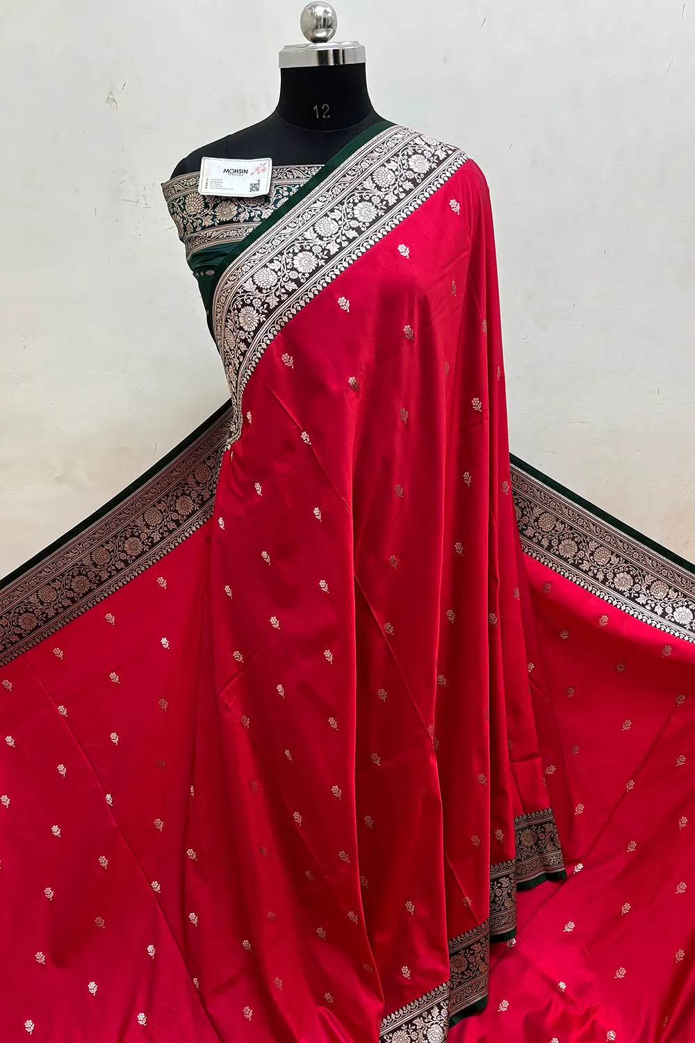 Pinkish Red and Teal Lily Buti Katan Mashru Silk Banarasi Saree