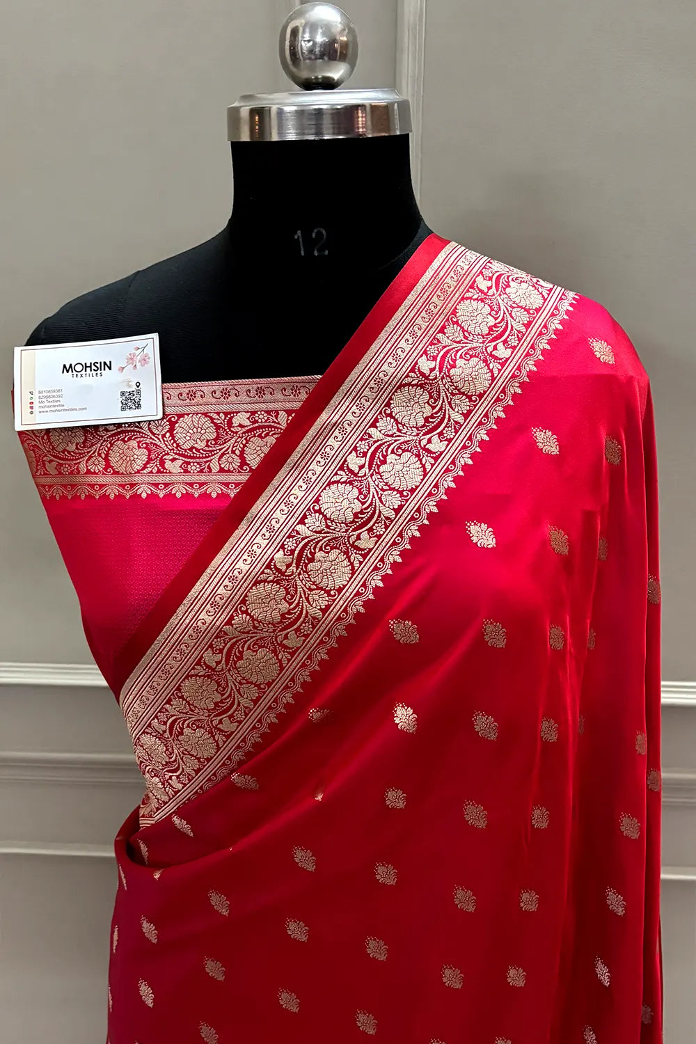 Pinkish Red Flying Buti Katan Mashru Silk Banarasi Saree