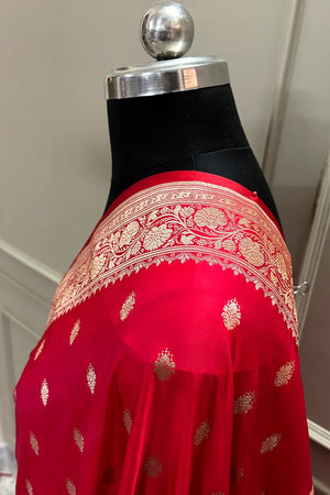 Pinkish Red Flying Buti Katan Mashru Silk Banarasi Saree