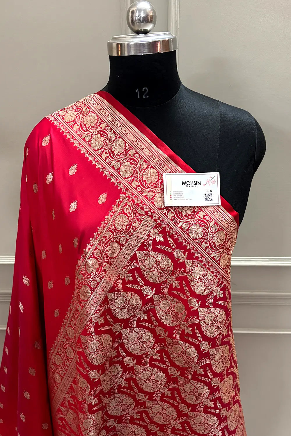 Pinkish Red Flying Buti Katan Mashru Silk Banarasi Saree