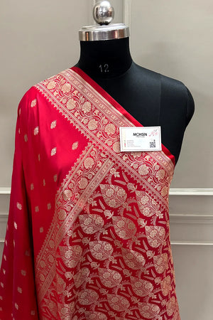 Pinkish Red Flying Buti Katan Mashru Silk Banarasi Saree