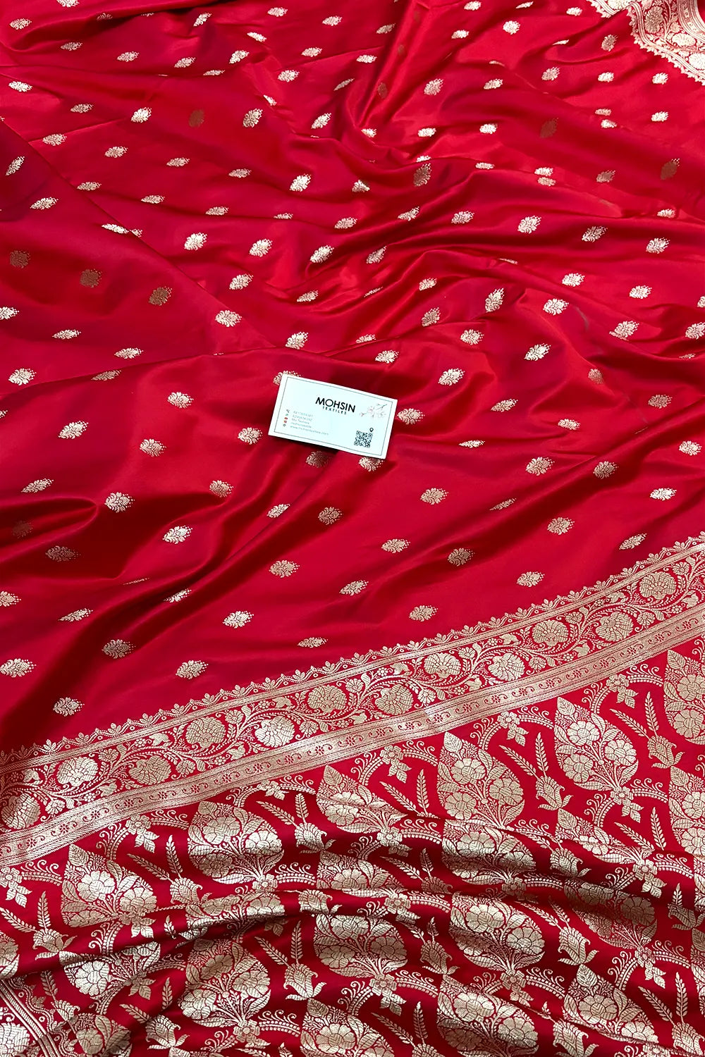 Pinkish Red Flying Buti Katan Mashru Silk Banarasi Saree
