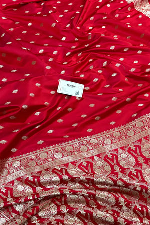 Pinkish Red Flying Buti Katan Mashru Silk Banarasi Saree
