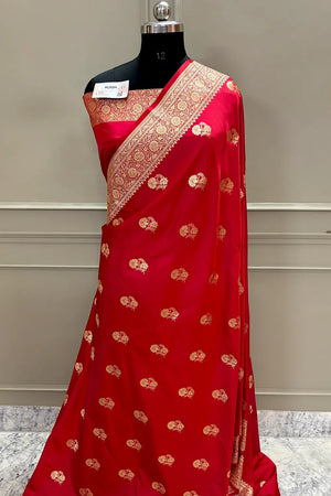 Pinkish Red Golden Flower Katan Silk Banarasi Saree