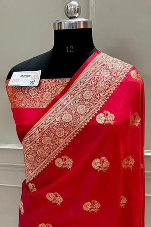Pinkish Red Golden Flower Katan Silk Banarasi Saree