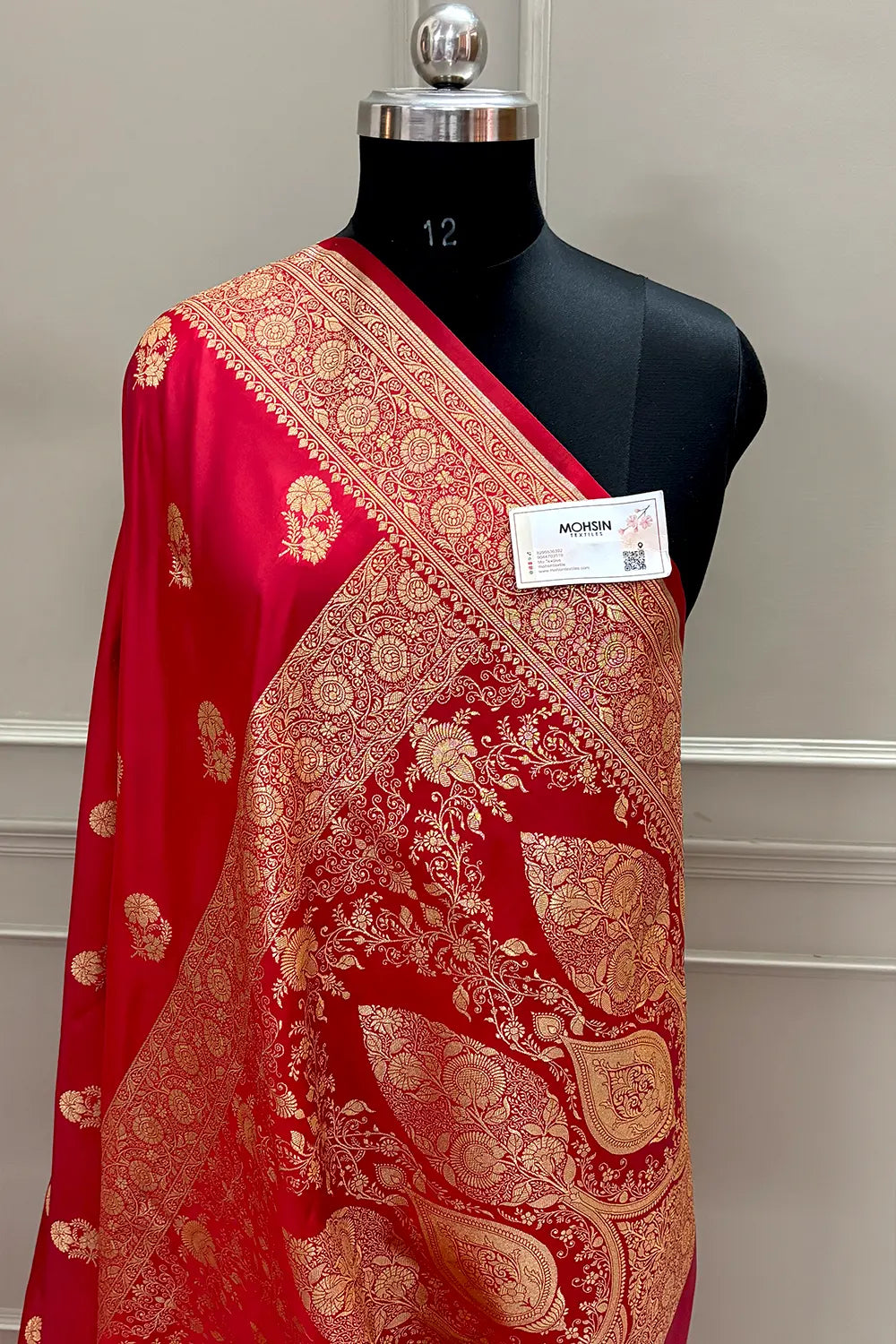 Pinkish Red Golden Flower Katan Silk Banarasi Saree