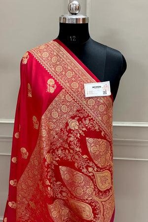Pinkish Red Golden Flower Katan Silk Banarasi Saree