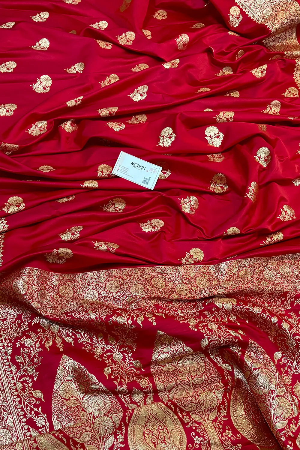 Pinkish Red Golden Flower Katan Silk Banarasi Saree