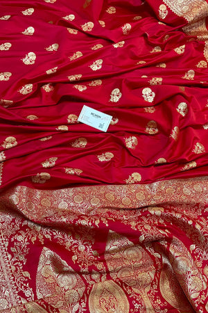Pinkish Red Golden Flower Katan Silk Banarasi Saree