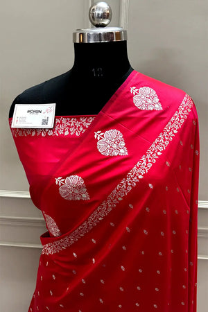 Pinkish Red Hukum Buti Katan Silk Banarasi Saree