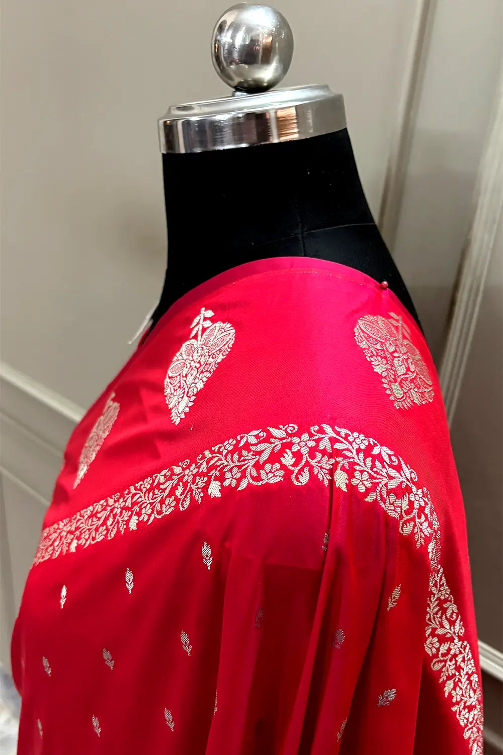 Pinkish Red Hukum Buti Katan Silk Banarasi Saree