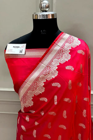 Pinkish Red Kanak Buti Katan Silk Banarasi Saree