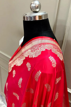 Pinkish Red Kanak Buti Katan Silk Banarasi Saree