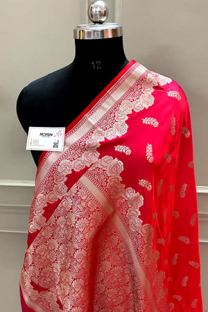 Pinkish Red Kanak Buti Katan Silk Banarasi Saree