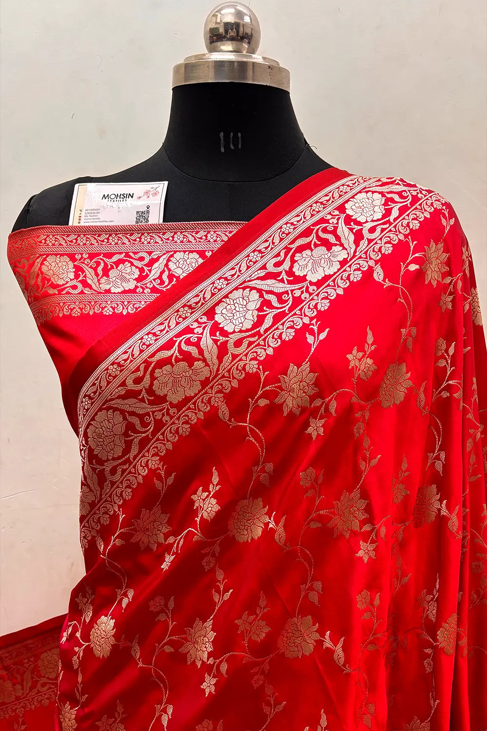 Pinkish Red Kesari Jaal Katan Silk Banarasi Saree