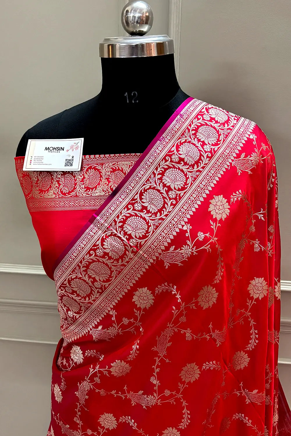 Pinkish Red Makra Jaal Katan Silk Banarasi Saree