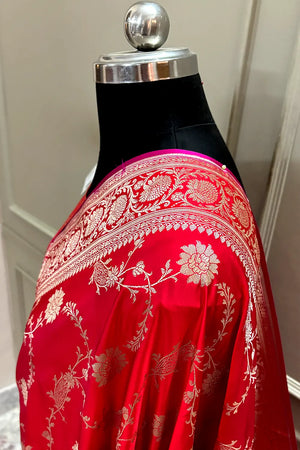 Pinkish Red Makra Jaal Katan Silk Banarasi Saree