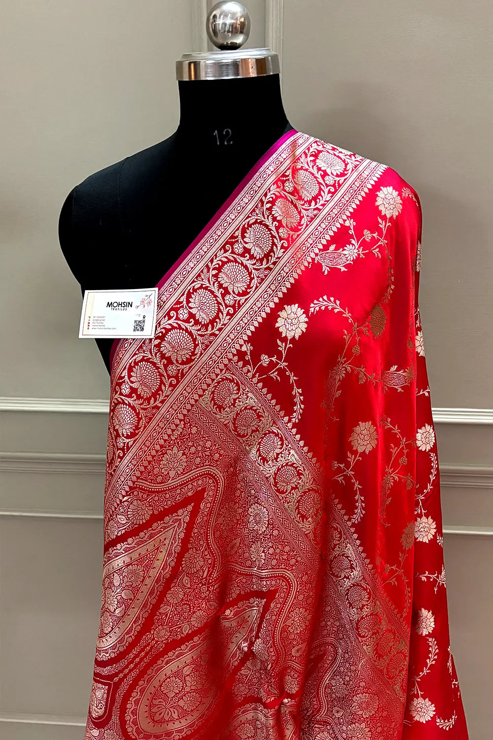 Pinkish Red Makra Jaal Katan Silk Banarasi Saree