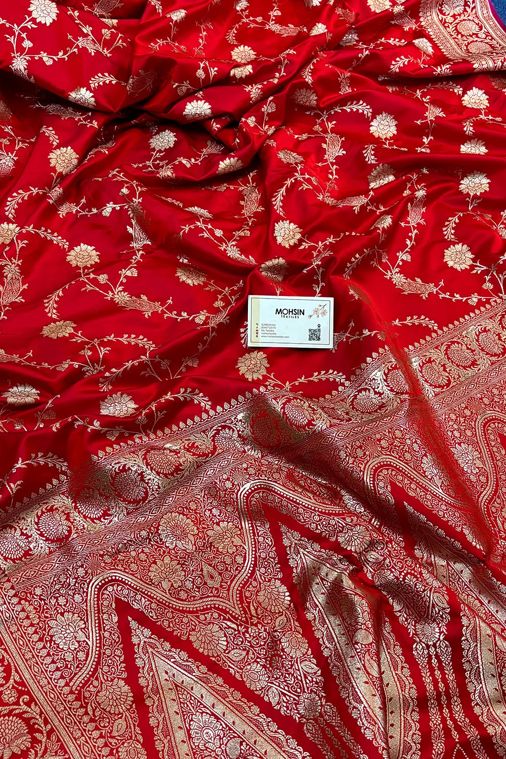 Pinkish Red Makra Jaal Katan Silk Banarasi Saree